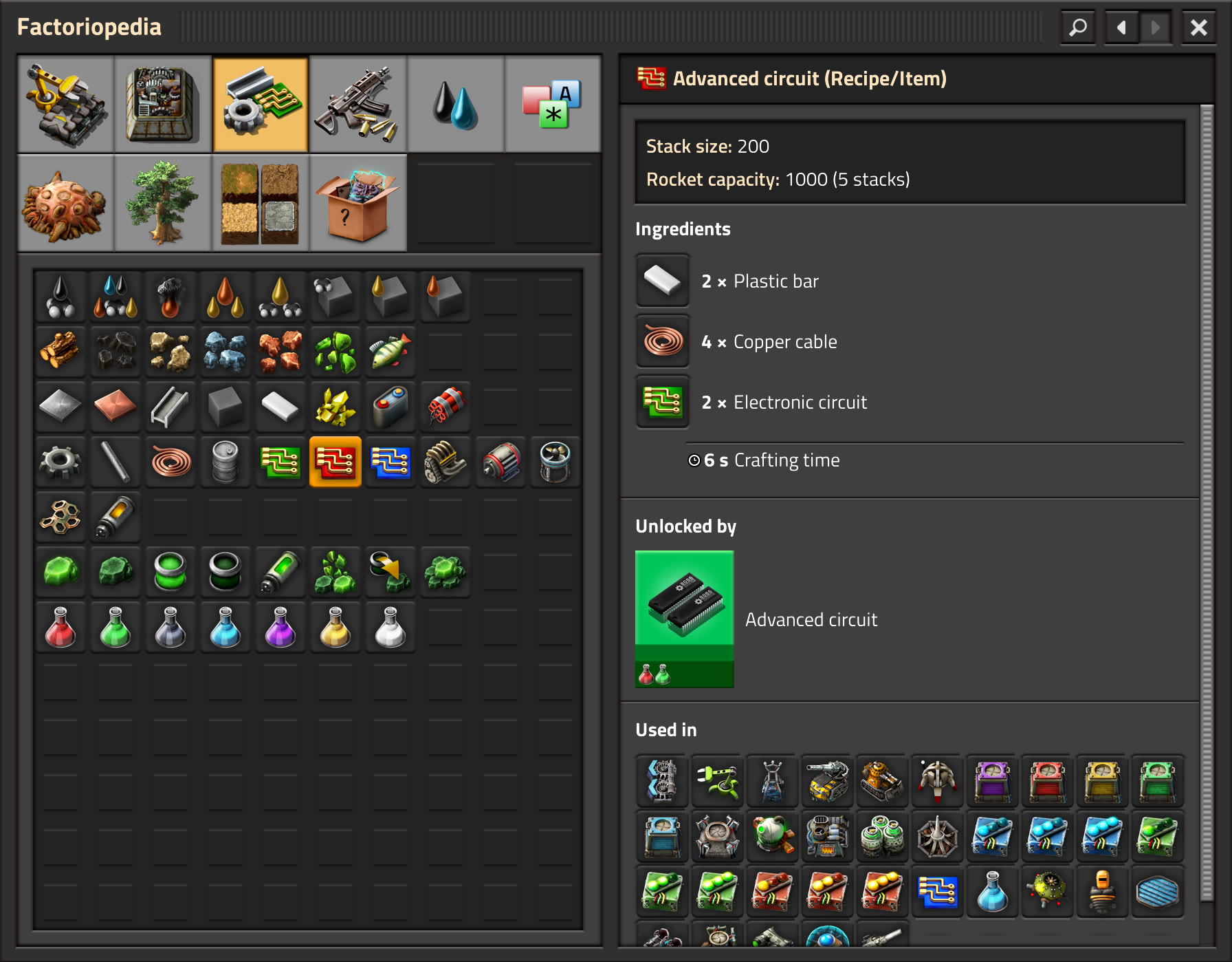 The Factoriopedia panel showing an item's recipe, ingredients, and usages