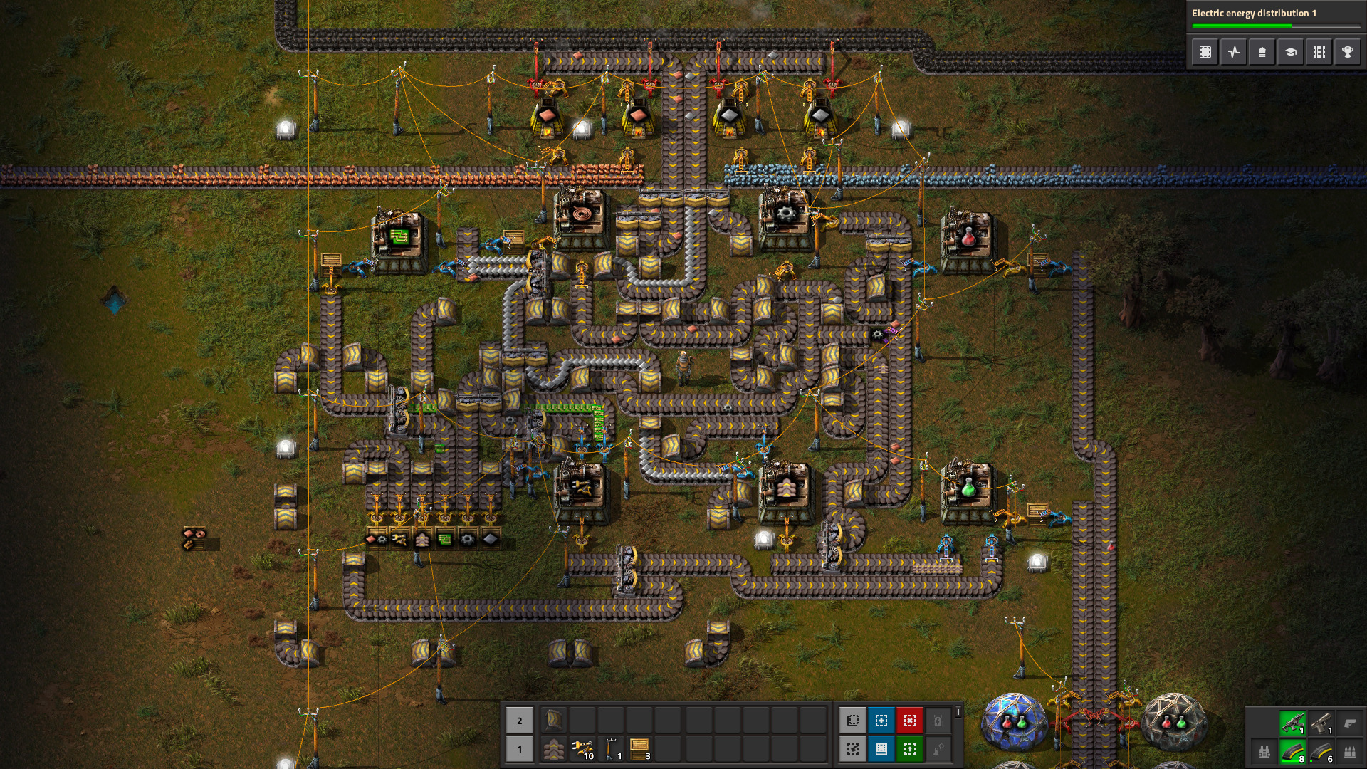 A sprawling Factorio factory with conveyor belts, assemblers, and pipes