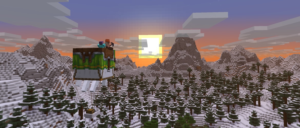 A Minecraft world at sunset, seen from a hot air balloon over snowy mountains